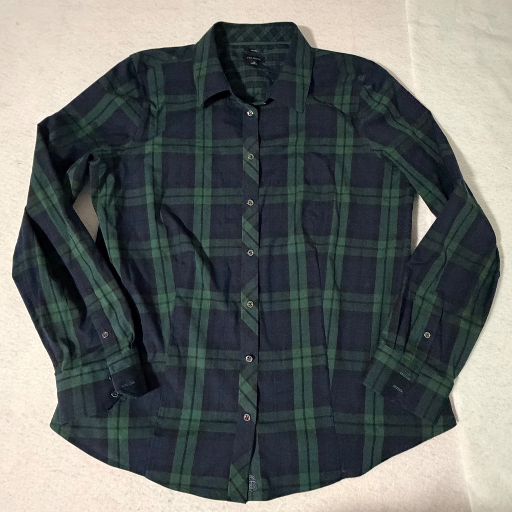 Talbots Womens 14 Black Watch Plaid Button Down Shirt Non-Iron Stretch Green